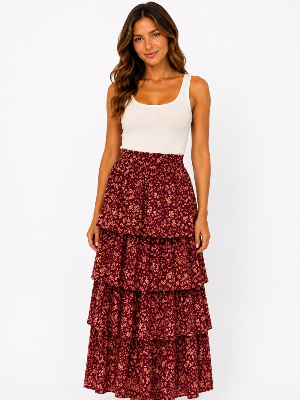 Altar'd State Burgundy Floral Ruffled Maxi Skirt